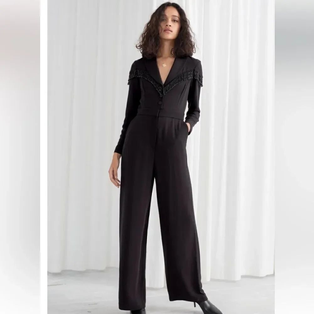 & Other Stories Jumpsuit Womens Sz 8 Black Beaded V Neck Long Sleeve Buttons